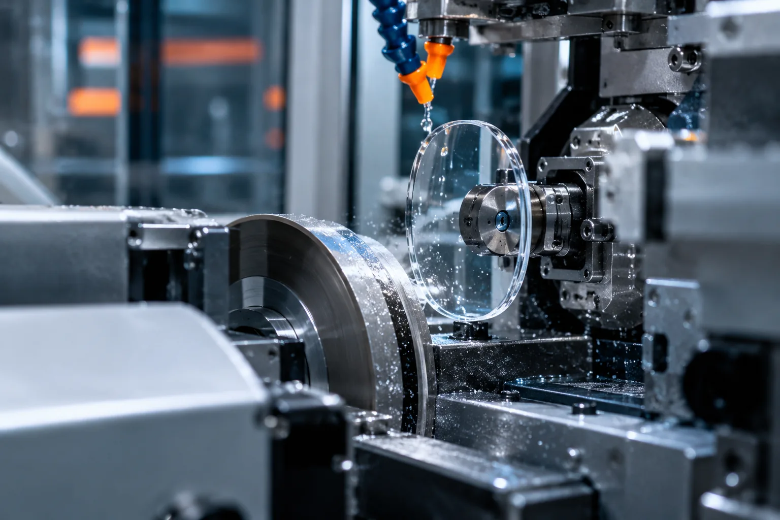 Industrial lens edging machinery in an optical laboratory