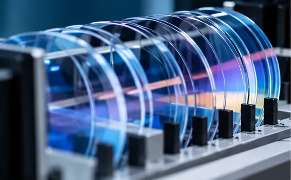Illustrative close-up of ophthalmic lenses prepared for precision processing