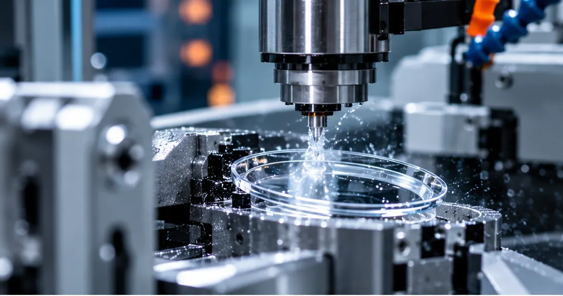 Illustrative precision machinery shaping an ophthalmic lens