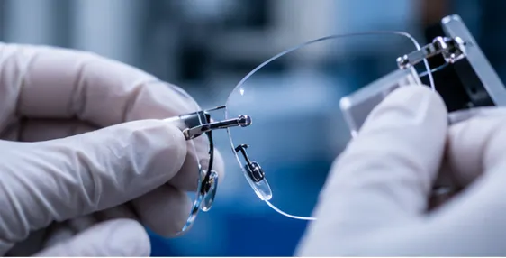 Illustrative close-up of gloved hands working with rimless spectacle components